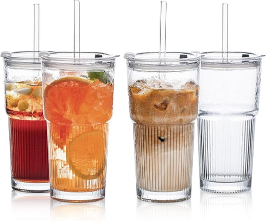 20oz Glass Tumblers with Lids and Straws, Set of 4 - Stylish Ribbed Design Drinking Glasses for Iced Coffee Cups, Juice, Smoothies, Cold Beverages, Includes Cleaning Brush, Durable Glassware