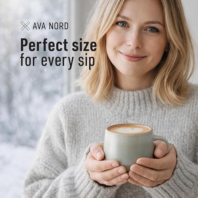Small Ceramic Coffee Mugs Set of 4 | 8 oz Stoneware Coffee Cups | Lead-Free, Non-Toxic | Microwave & Dishwasher Safe | Comfortable Handle | Aesthetic Nordic Design for Cappuccino | Sage Ash
