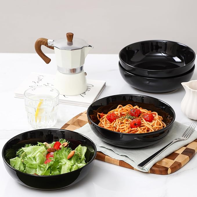 Selamica Ceramic Pasta Bowls Set of 4, Large Salad Bowl, Black