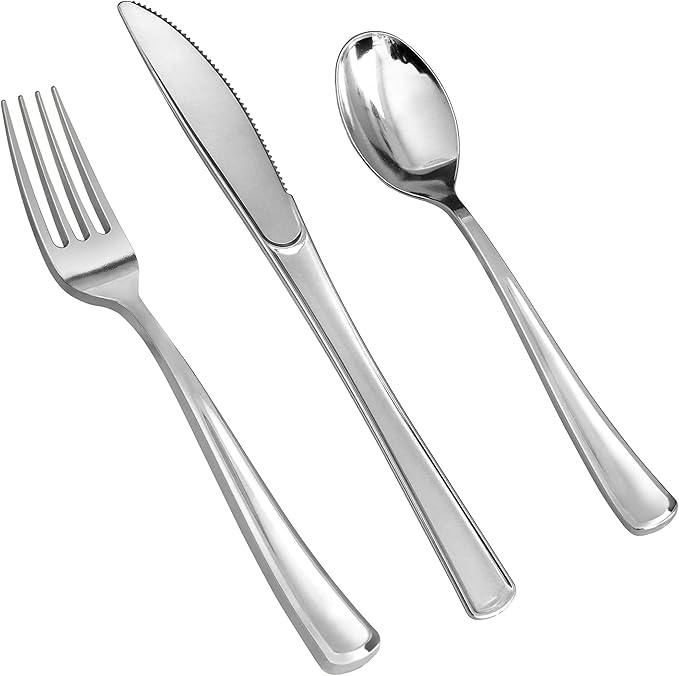 SETUP [160 Count] Disposable Silverware, Silver Combo Cutlery - 80 Forks, 40 Spoons, 40 Knives - Heavy Duty, and Durable Silver Plastic Silverware Set Great for Parties, Events and Everyday use