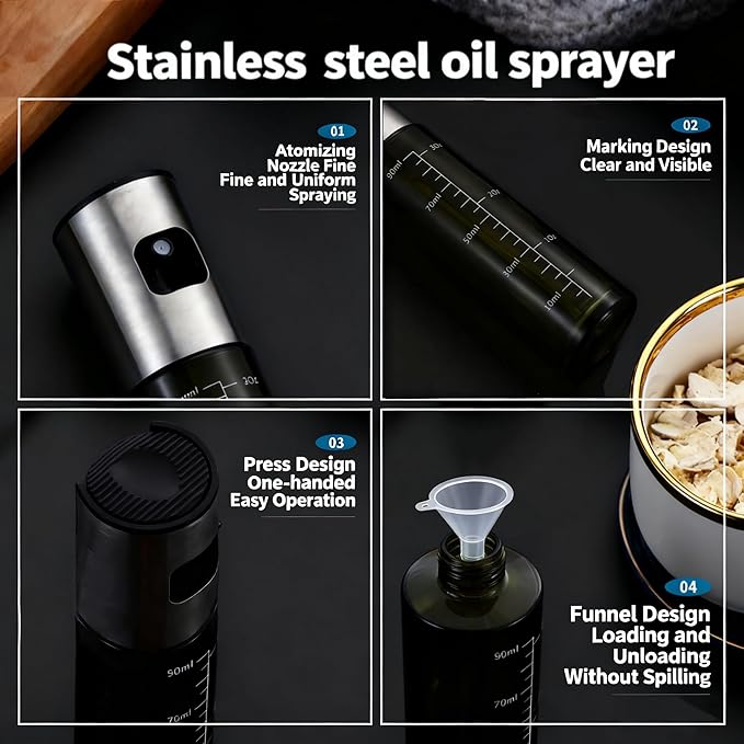 Oil Sprayer for Cooking - Olive & Avocado Oil Spray Bottle, 100ml Food Grade Glass Mister with Adjustable Nozzle for Kitchen Gadgets, Air Fryer, Salad, Frying, BBQ (2PCS)