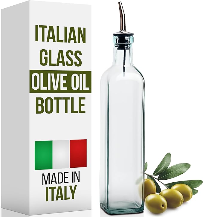 EHOMEA2Z Italian Glass Olive Oil Dispenser Bottle - 16 Oz, Oil and Vinegar Cruet with Stainless Steel Spout for Kitchen, Slight Green Tint (2, 473ml)