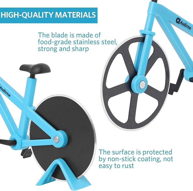 Pizza Cutter, Bicycle Pizza Cutter Wheel with Non-Stick Stainless Steel Super Sharp Blades, Novelty Gift, 7.5", Blue