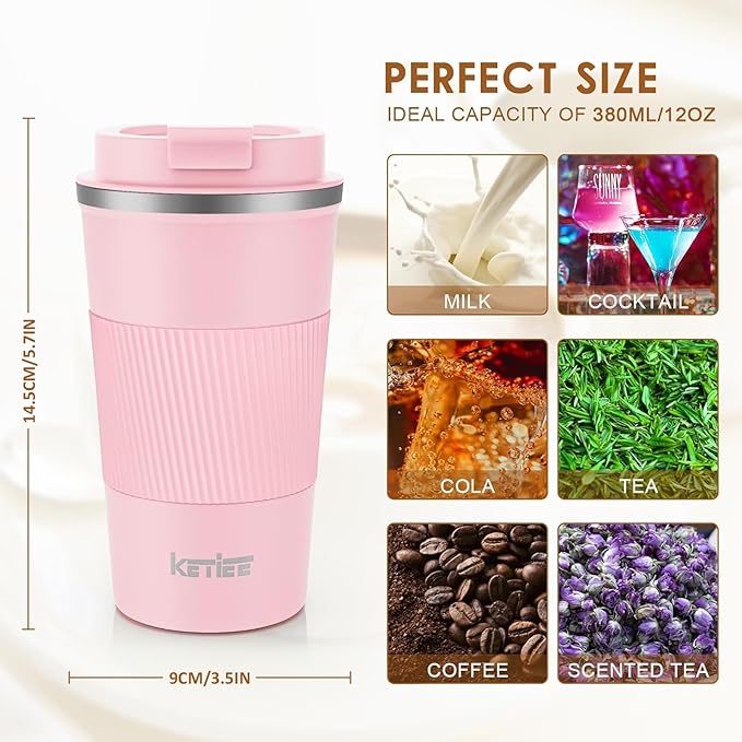 KETIEE 12oz Travel Mug, Insulated Coffee Cup with Leakproof Lid, Travel Coffee Mug Vacuum Stainless Steel Double Walled Reusable Car Tumbler for Hot and Cold Water Tea（Pink）