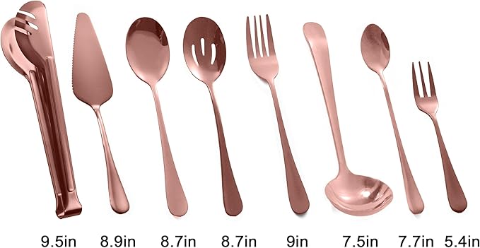Rose Gold Buffet Party Serving Utensils Set 12 Pieces Copper Stainless Steel Flatware Silverware Set, Includes Serving Spoon Slotted Spoons Serving Forks Soup Ladle Serving Tongs Pie Server