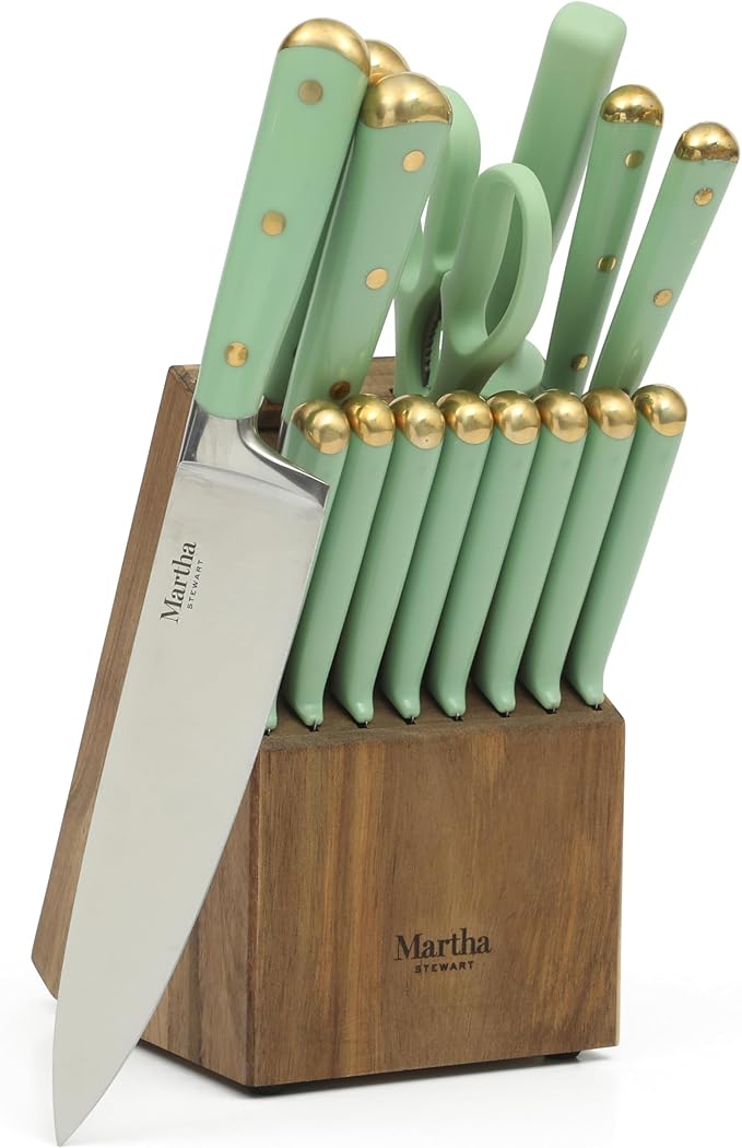 Martha Stewart 16 Piece Lockton High Carbon Stainless Steel Cutlery Kitchen Knife Block Set W/ABS Triple Riveted Forged Handle Acacia Wood Block - Sage Green W/Gold