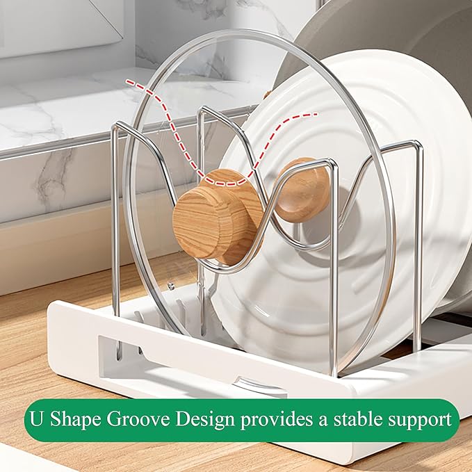 Pots and Pans Organizer Under Cabinet Pot Rack: Expandable Pot Lid Holder with 7 Adjustable Dividers for Kitchen Storage Cutting Boards, Bakeware, Lid, Black