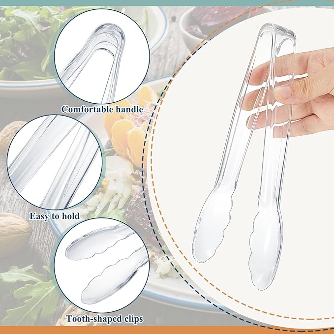 Tessco for you 100 Pcs Plastic Tongs for Serving Bulk, 9 Inch Plastic Disposable Serving Tongs, Heavy Duty Salad Tong for Kitchen, Buffet, BBQ, Events & Catering (Transparent)