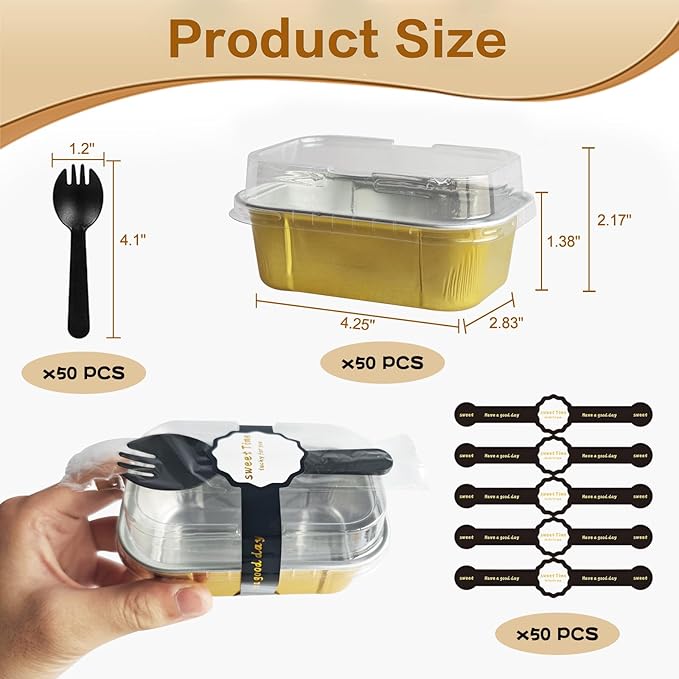 mini loaf pans with lids and spoons 50 Pack,5.5 oz Rectangle mini individual cake tins Disposable Small Aluminum Foil Baking pans(50, Gold)