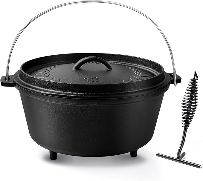 8QT Pre-Seasoned Cast Iron Camp Dutch Oven with Lid, Large Camping Dutch Oven Pot with Tripod Stand, incl. Lid Lifter - Dual Handles - for Outdoor Campfire, Grill, Oven & Stovetop Cooking-Black