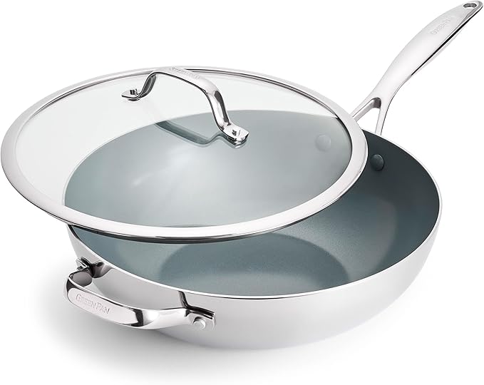 GreenPan Valencia Pro Tri-Ply Stainless Steel 12” Wok with Lid, PFAS-Free Ceramic Nonstick Coating, Induction Ready Cookware, All Cooktops, Dishwasher & Oven Safe to 600F