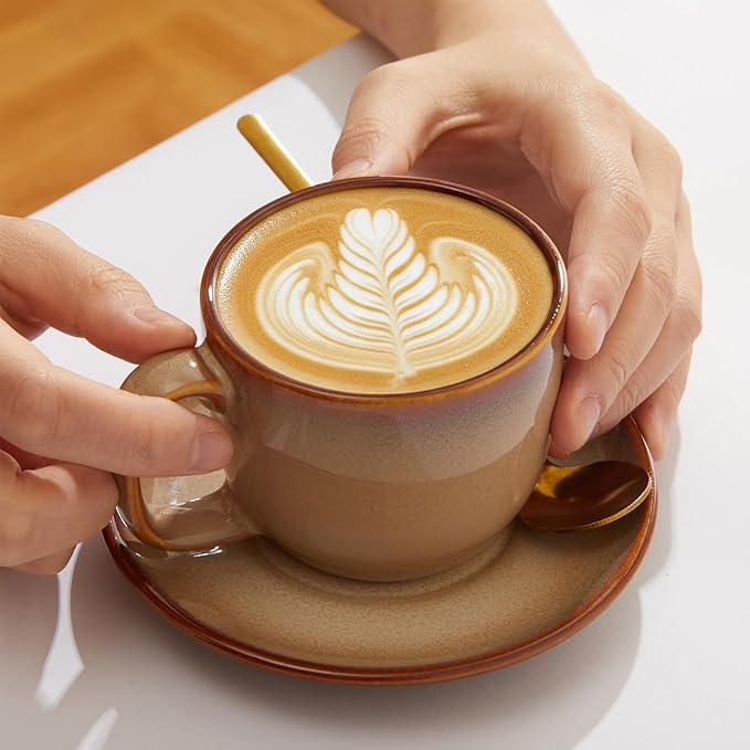 Stoneware Coffee Cups with Saucers, 6 Oz Cappuccino Cups Set of 4, Microwave & Dishwasher Safe, Perfect For Tea, Espresso, Latte, Ceramic Mugs for Kitchen or Cafe, Brown Yellow
