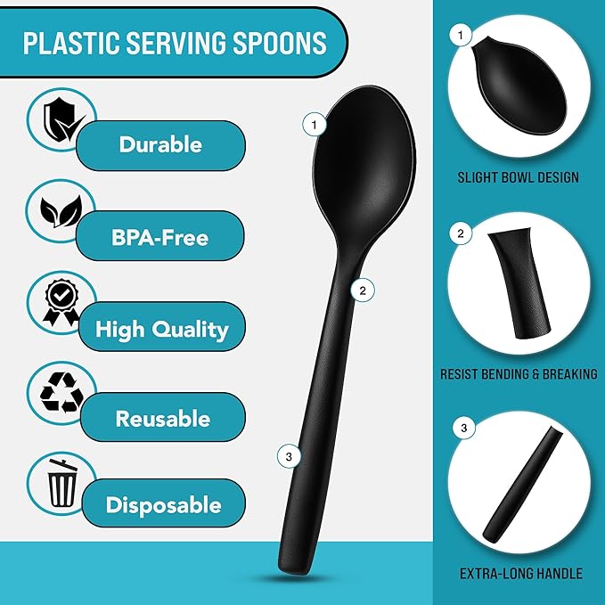 10" Black Plastic Serving Spoons for Buffet, Bulk 36 Count, Heavy Duty Disposable Spoon, Large Plastic Serving Utensils for Catering Supplies, Events, Party, Weddings & More - C&S Event Supply Co.