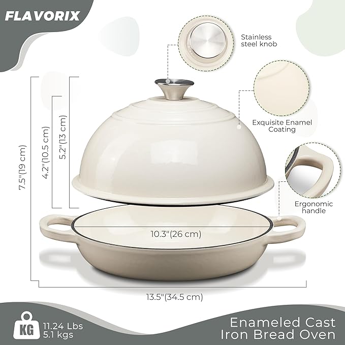Cast Iron Bread Oven for Sourdough, 6Qt Bread Baking Pan with Lid, Enameled Sourdough Dutch Oven for Bread Baking, Oven Safe up to 482℉, Latte
