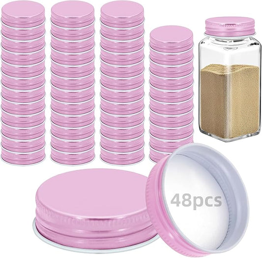 48 Pcs iron Jar Lids Lids for 4 oz and 6 oz Square Spice Jars Reusable Can Airtight Spice Storage Canning Lids for Nice Sealing Kitchen (Pink)