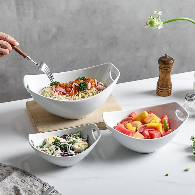3 Piece Serving Bowls with Handle, Porcelain Serving Dishes, for Entertaining, Party, Housewarming, Christmas, Baby Shower, Microwave, and Dishwasher Safe, 15/28/47 oz, White