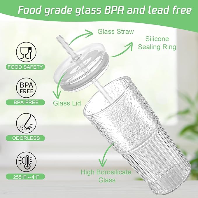 Glass Cups with Lids and Glass Straws, High Borosilicate 20OZ Tumblers (2Pcs) for Coffee, Tea, Juice, Smoothies, Hot/Cold Drinks at Home, Office（Creative Drink Label Design）