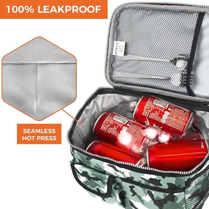 opux Insulated Lunch Bag for Men Women, Leakproof Camo Green Lunch Box for Work, Portable Soft Lunch Cooler Bag with Shoulder Strap, Adult Lunchbox Lunch Pail for Kid Boy Girl School, 14 Can/8L