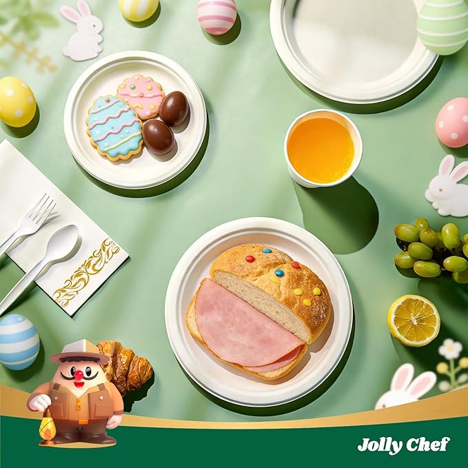 JOLLY CHEF Compostable Heavy Duty Plates 𝟳 𝗶𝗻𝗰𝗵 𝗮𝗻𝗱 𝟵 𝗶𝗻𝗰𝗵 [𝟭𝟮𝟬 𝗣𝗮𝗰𝗸] Eco-Friendly Disposable Paper Plates Bagasse Biodegradable Sugarcane for Party Hot Coold Food Christmas(White)