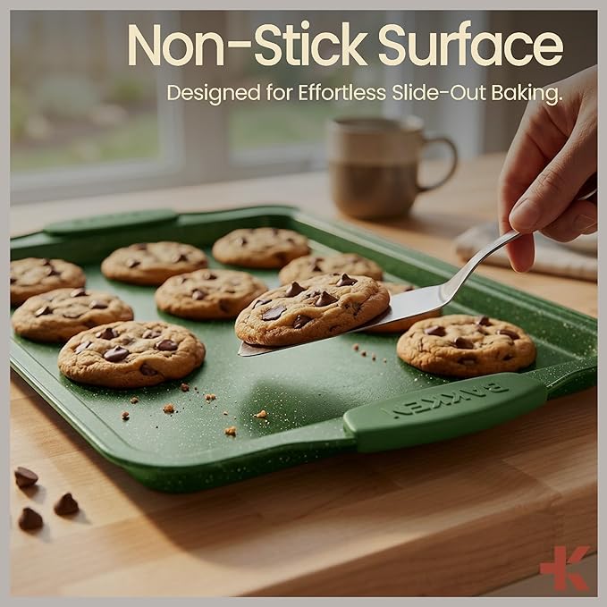 BAKKEN Kitchen Baking Pan Set - Nonstick Green Marble Coating, Commercial Grade Carbon Steel Bakeware Sets, Baking Kitchen Essentials, PFOA, PFOS, PTFE Free, Oven Safe Tray (Up To 450° F), Set of 3