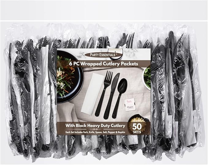 Party Essentials Individually Wrapped Plastic Cutlery Packets/Heavy Duty Silverware Kits, Fork/Spoon/Knife/Napkin/Salt/Pepper, 50 Utensils Sets, Black (Pack of 4)