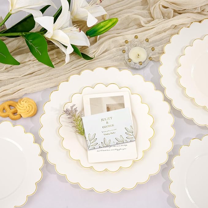 LIYH 120 Pcs Ivory Scalloped Plastic Plates Disposable - Ivory and Gold Plastic Plates - Gold Fancy Disposable Party Dinner & Dessert Plate for Wedding Birthday Easter Day