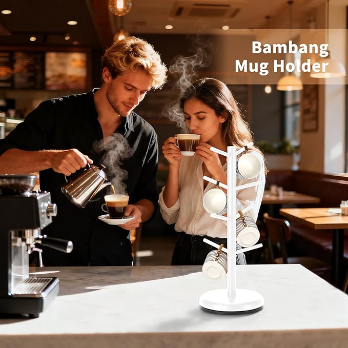 BAMBANG Mug Holder Tree, 360° Rotating 8 Hooks Coffee Cup Holder for Counter, Bamboo Coffee Mug Rack Standing for Kitchen Countertop Home (White)