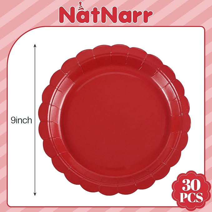 30 Pcs Red Paper Plates 9 Inch Scalloped Disposable Red Dessert Dinner Plate Cute Party Plates for Mothers Day, Birthday, Picnic