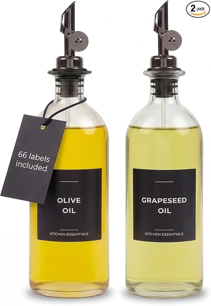 Oil Dispenser for Kitchen - Glass Olive Oil Bottle Set of 2 (16.9oz) with Black Weighted Self-Closing Pourer - Cooking Oil Dispenser with 66 Labels, Aligner & Funnel