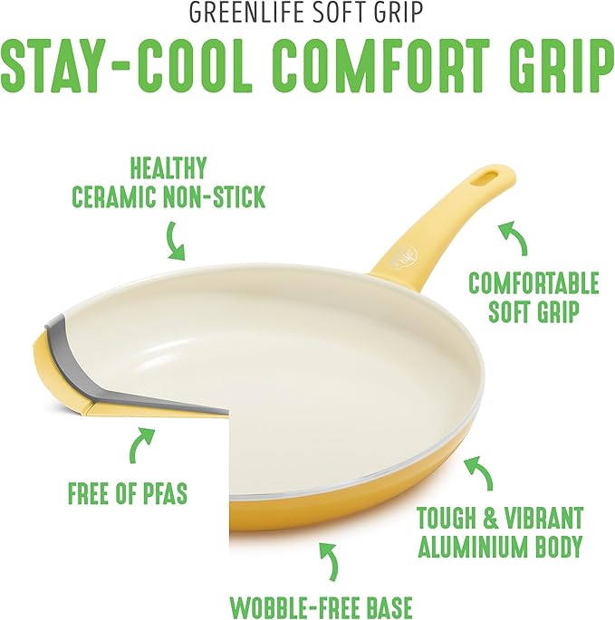 GreenLife Soft Grip Healthy Ceramic Nonstick, 12" Frying Pan Skillet with Lid, PFAS-Free, Dishwasher Safe, Yellow