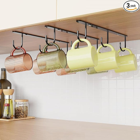 3 Pack Mug Hooks Under Cabinet, Coffee Mug Holder for Hanging Under Shelf, Cup Hanger with 9 Hooks for Displaying Mugs, Coffee Cups and Kitchen Utensils, Black