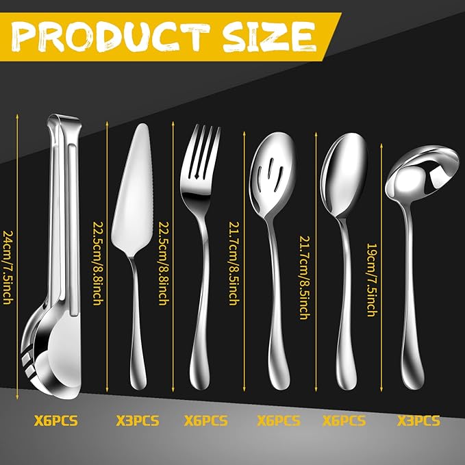 Thenshop 30 Pcs Stainless Steel Serving Utensils Set Flatware Set Include Large Serving Spoons Slotted Spoons Forks Soup Ladle Pie Server and Tongs for Buffet Party(Silver)