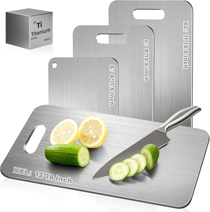 Katuchef Titanium Cutting Board - Upgraded 100% Pure Titanium Cutting Boards for Kitchen Non Toxic, Double-Grade Hygiene Durable Non Moldy Dishwasher Safe Meat Fruit Metal Board (2PC 9x13.5 Inch)