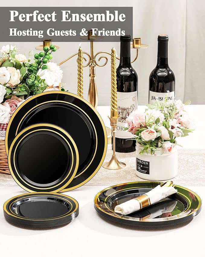 BESTSTAR 100PCS Black Plastic Plates Set with Gold Rim, 50 10.25 inch Dinner Plates and 50 7.5 inch Dessert Plates, Premium Disposable Plates forfor Party, Wedding, Holiday