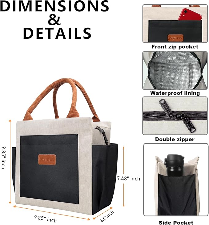 Joymee Lunch Bag Women Insulated Lunch Box Reusable Leakproof Large Spacious Cooler Tote for Women Men Adult with Bottle Holder and Side Pockets for Work Office Travel Picnic - Beige Black