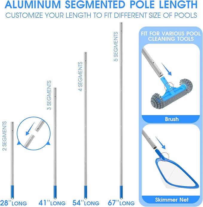TidyMister 3PCS Cleaning Kit - 12.5'' Brush With Round End & 11'' Skimmer Net Fine Mesh & 5.7 Feet Thick Aluminum Pole 5-Segment, for Above Ground & Inground Pools Ponds