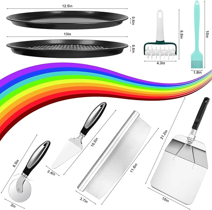 Pizza making kit,Pizza Peel Pizza Pan Set with 12"Pizza Peel、12"Pizza Pan、11"Pizza Cutter Rocker(8PC)