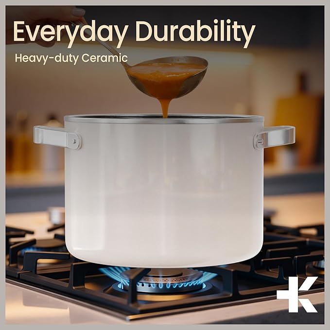 Bakken 8.5 Quart Ceramic Coated Stock Pot with Lid, Easy Clean Nonstick Pot, Tempered Glass Lid, Riveted Stainless Steel Handles, Oven Safe Up To 500°F, PTFE & PFAS Free, All Stove Compatible, Cream