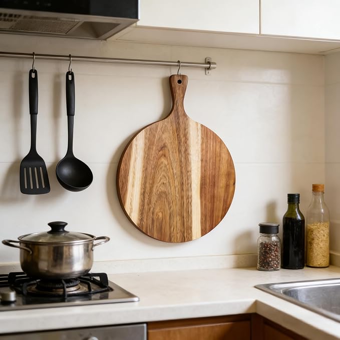 ZeQi Round Acacia Wood Cutting Board with Handle 16''x12'' /Charcuterie Board/Pizza Board/Serving Board for Cheese, Bread, Vegetables & Fruits (Round)