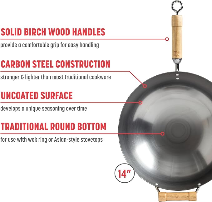 JOYCE CHEN Classic Series 14-Inch Round Bottom Carbon Steel Wok with Birch Handles