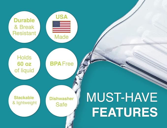 Arrow Home Products Clear Plastic Pitcher, 60 Ounce - Space-Saving Stackable Design - Fill with Ice Water, Beer or Juice - Ideal for Bars and Restaurants - Made in the USA, BPA Free, Dishwasher Safe