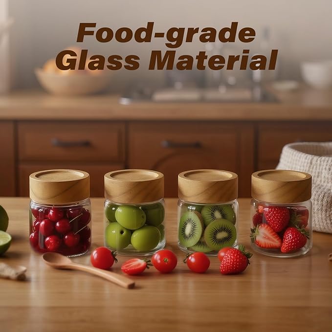 6-Pack 6 fl oz Airtight Food Sealed Jars with Acacia Wood Lids - Glass Meal Prep Containers for Overnight Oats, Snack Storage, Chia Pudding, Pantry Organization Essentials