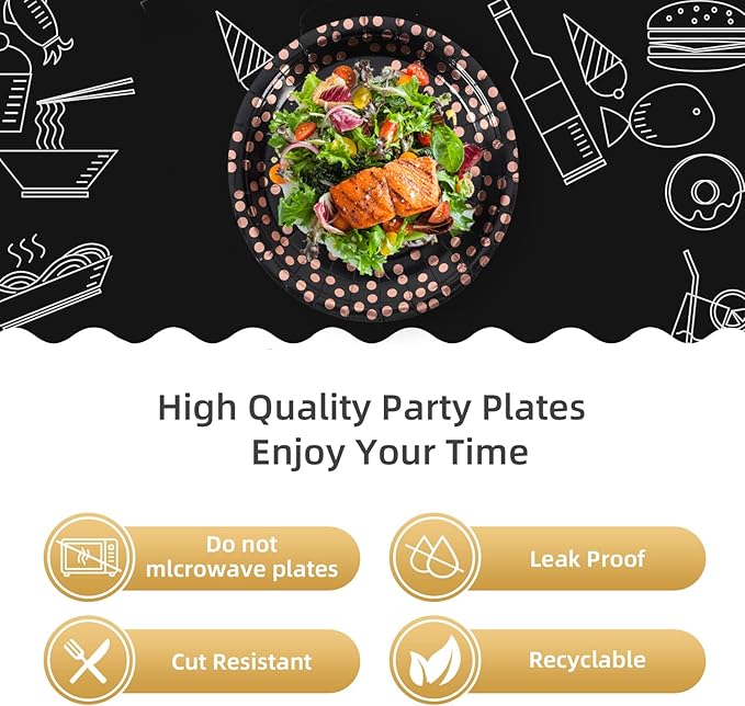 Black and Rose Gold Paper Plates,100 Pack Gold Dots Party Paper Plates,Disposable Party Supplies Dessert Plate for Birthday,Graduation,Retirement,Father's Day(7Inch)