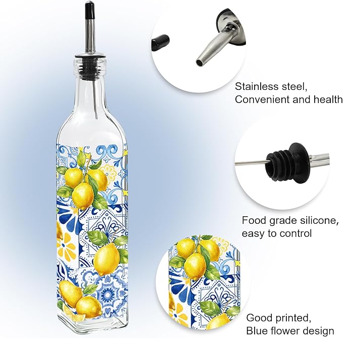 JarThenaAMCS Capri Lemon Olive Oil Dispenser Bottle Glass Cruet Bottle with Spout Vintage Lemon Blue Tile Cooking Vinegar Container for Summer Home Kitchen Table Countertop Decor