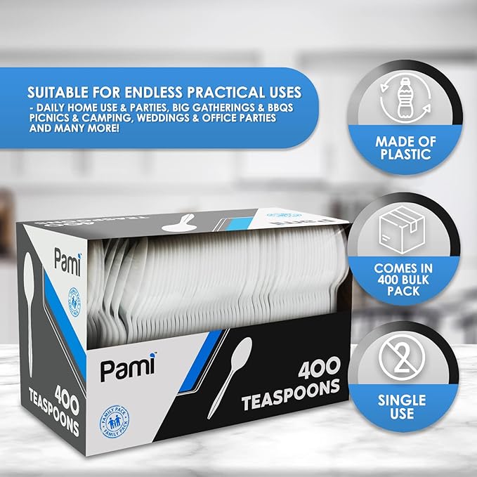 PAMI 400-Pack Medium Weight Disposable Plastic Teaspoons, Bulk Utensils for Parties, Weddings, Catering, Plastic Forks in Bulk Available (Teaspoons White)