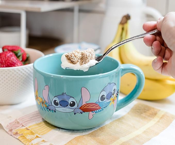 Silver Buffalo Disney Lilo and Stitch Aloha Various Faces Ceramic Soup Mug with Vented Plastic Lid, 24 Ounces