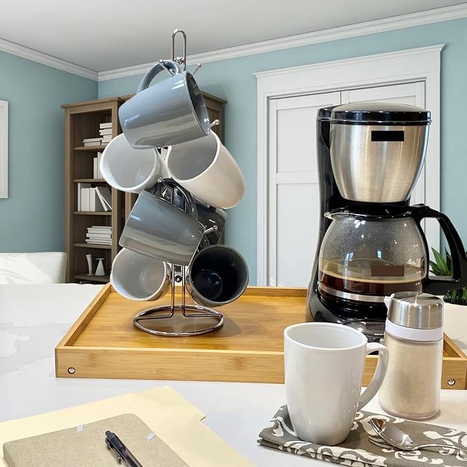 Evelots Coffee Cup Holder for Kitchen Countertop - Tree Hooks Hold 8 Large Mugs - Tea Cup Storage Rack - Sturdy Rust Free Steel - Chrome Finish - Coffee Counter Bar Display, Stand - Come in One Piece