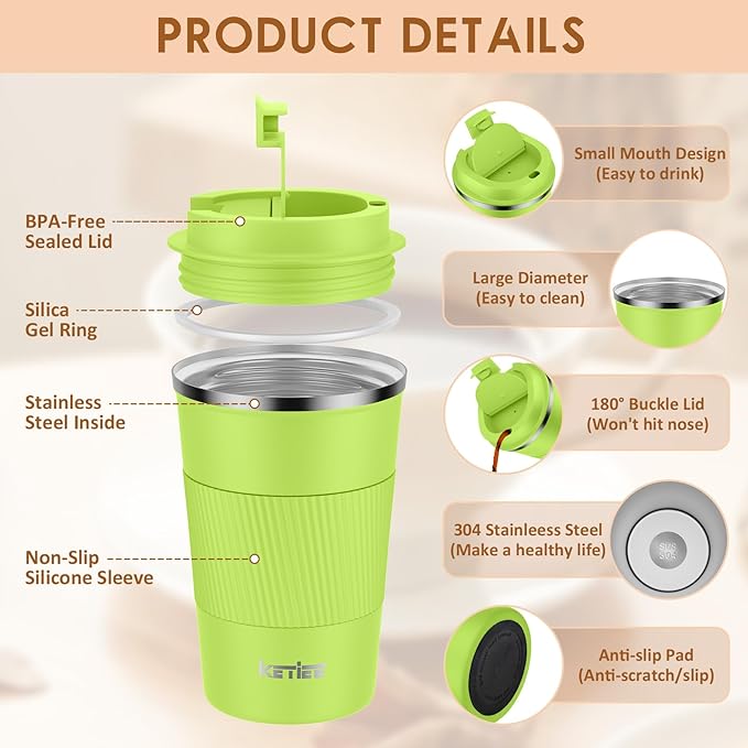 KETIEE Coffee Mug 12oz, Insulated Travel Mug with Leakproof Lid, Double Wall Vacuum Travel Coffee Mug Stainless Steel Reusable Coffee Cup for Hot and Iced Coffee Tea Water (Green)