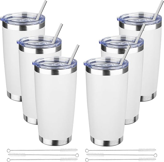 20 oz Tumbler with Lids and Straws, Stainless Steel Insulated Travel Coffee Mug, Double Wall Vacuum Insulated Tumblers, Powder Coated Coffee Tumbler for Cold & Hot Drinks (White, 6 Pack)