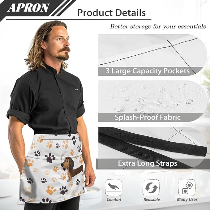 Server Waitress Waist Apron with 3 Pockets, Short Aprons for Servers,Waiter Apron For Waiter Accessories